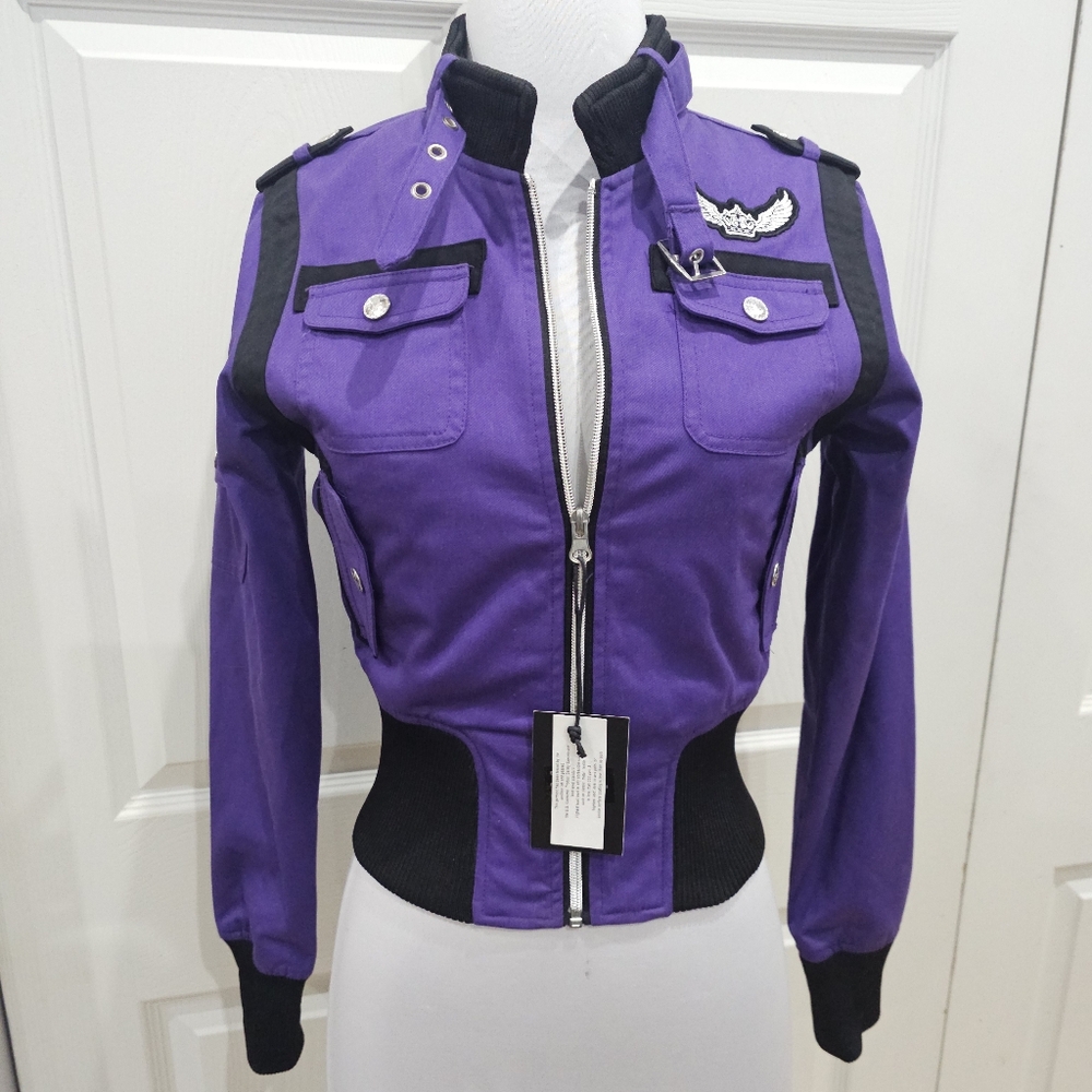 ~SOLD~ 1 RMT Raw Blue Pink Purple Moto Patch Buckle Collar Zip Up Jacket Coat S - Picture 11 of 16